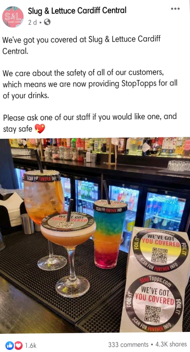 Clever way to stop spiking or depressing sign of the times? I can’t decide what to make of Cardiff’s Slug & Lettuce offering stick-on covers on drinks…