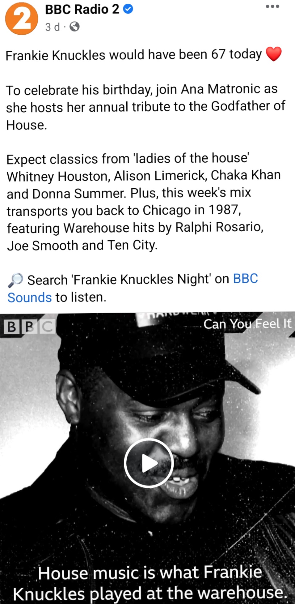 Way to make a guy feel old just as the weekend’s getting started! Frankie Knuckles would have been 67 years old this week – and which BBC radio station mentioned this? Radio 2…